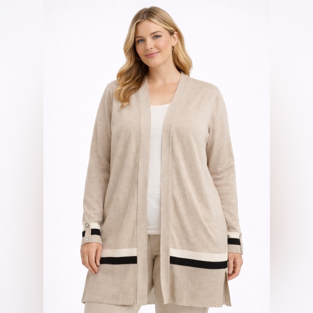 Small Beige Black Stripe Open Front Long Sleeve Knit Sweater
